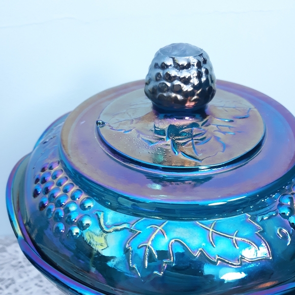 Indiana Blue Iridescent Carnival Glass Pedestal Compote Harvest Grape Purple Lid - Picture 13 of 16